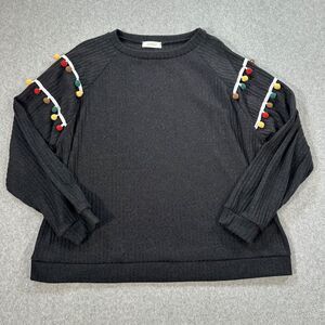 Hopely Pom Pom Trim Sweater Womens Large Black Ribbed Knit Crew Neck Long Sleeve